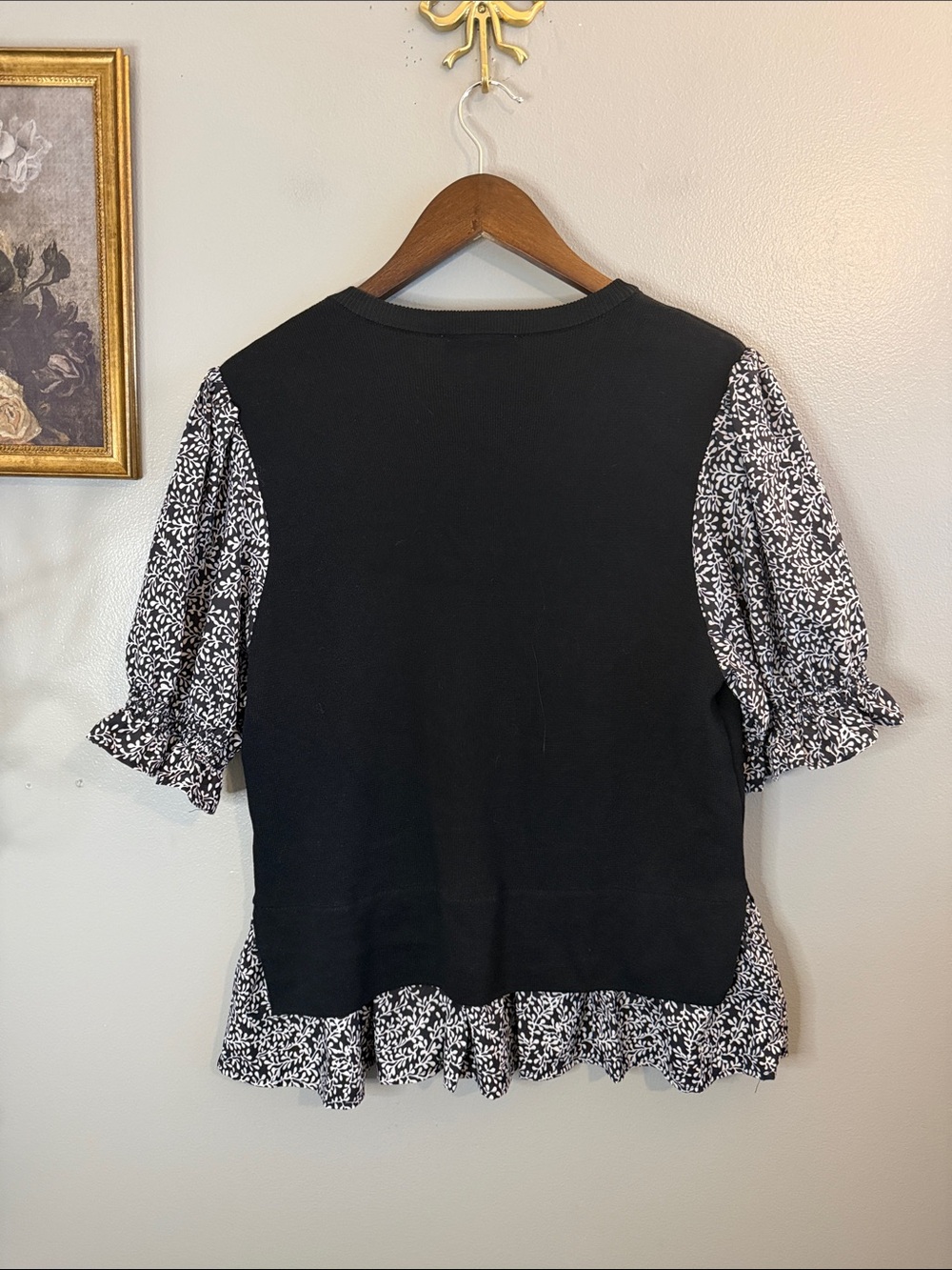 Nanette Nanette Lepore Black Floral Ruffle Hem Puff Sleeve Top L - Picture 9 of 9